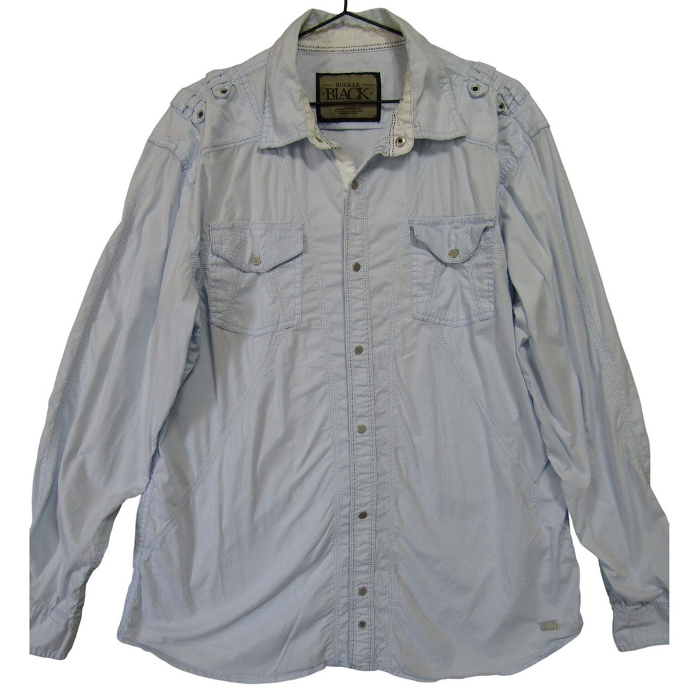 Buckle Black Snap Button Shirt Mens XL Blue Good Athletic Fit BB6832 Epaulettes